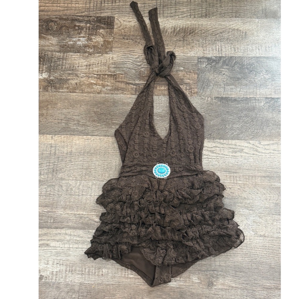 Y2K Windsor Brown Lace Ruffle Halter Romper Turquoise Medallion Size M